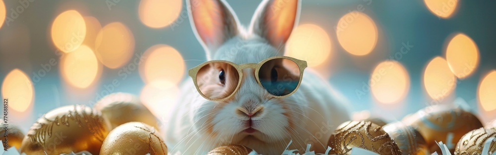 Hoppy Easter Greeting Card with Cool Bunny, Shades & Golden Eggs - Fun Animal Celebration Concept