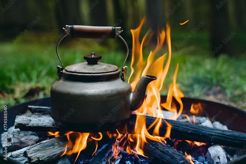 Rustic kettle over forest fire evokes nostalgia for summer camping Rustic kettle over forest fire evokes nostalgia for summer camping