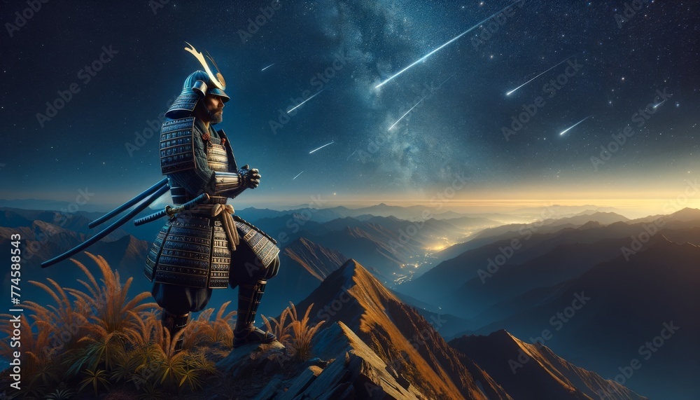 Naklejka premium Design an image of a samurai character atop a mountain peak, with a clear night sky and shooting stars above.