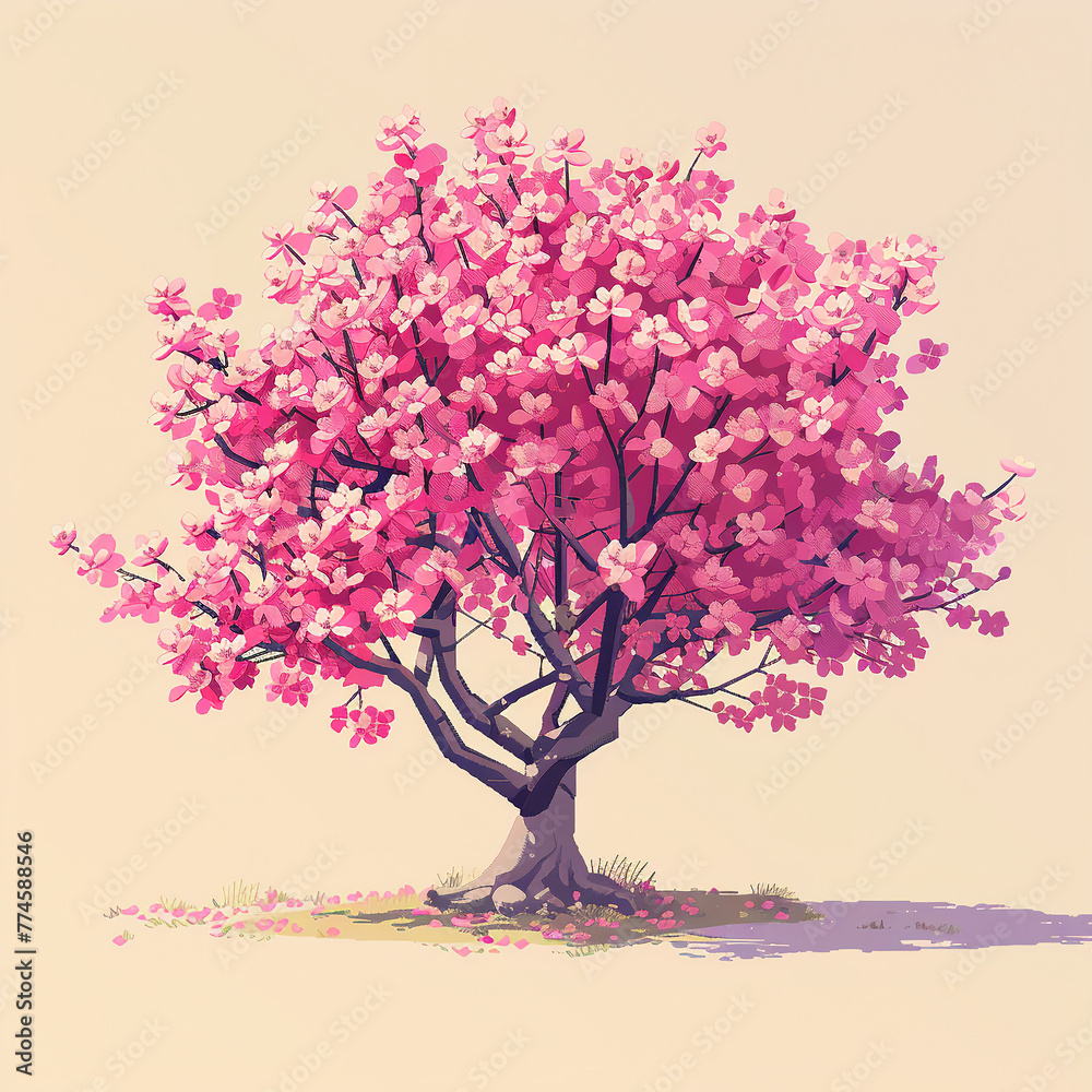 Obraz premium A lone pixelated cherry blossom tree in isometric view its delicate pink blossoms set against a toon-shaded pastel background