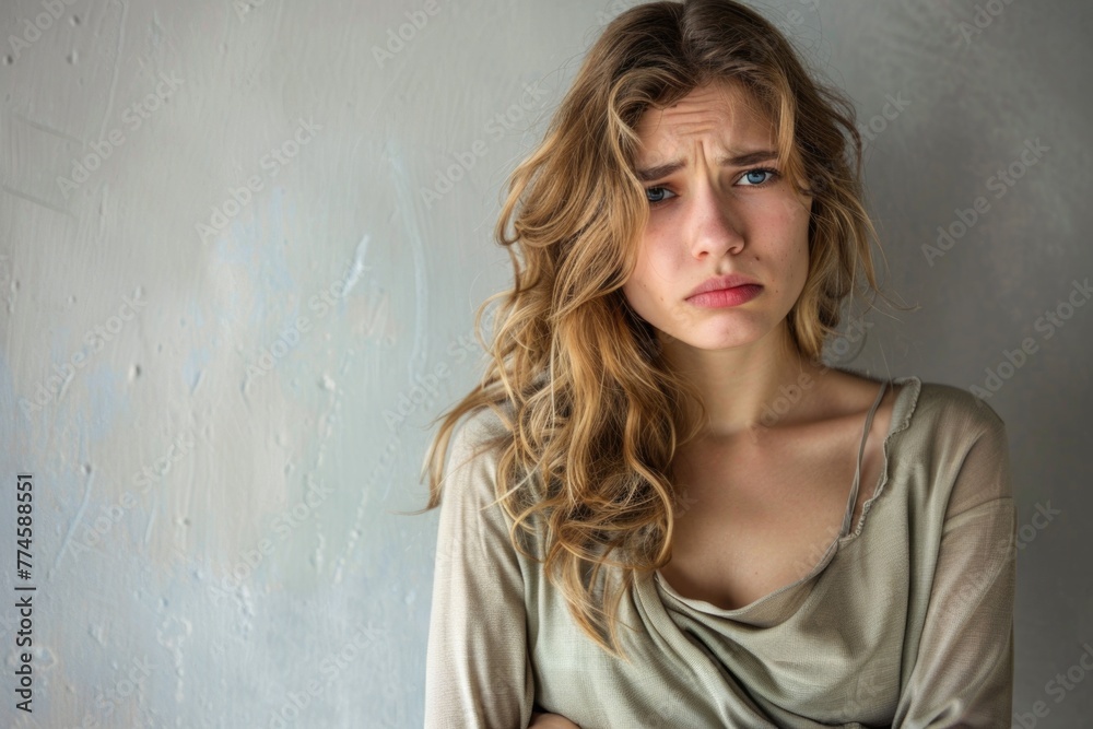 Naklejka premium Worried young woman in casual wear with a pained expression, grappling with abdominal pain against a painted wall