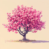 A lone pixelated cherry blossom tree in isometric view its delicate pink blossoms set against a toon-shaded pastel background