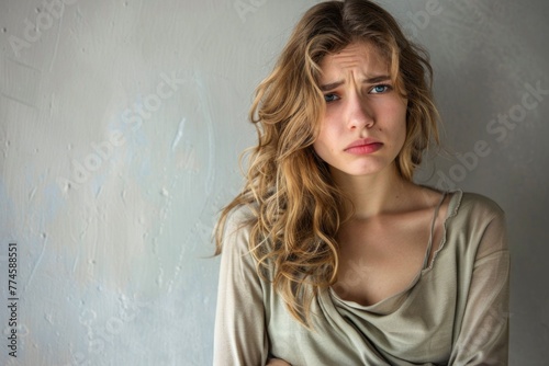 Worried young woman in casual wear with a pained expression, grappling with abdominal pain against a painted wall photo