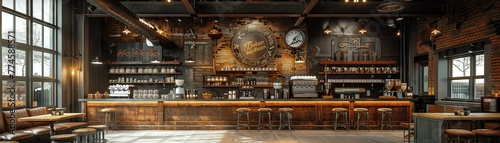 Industrial chic coffee shop with metal accents and communal seating8K photo
