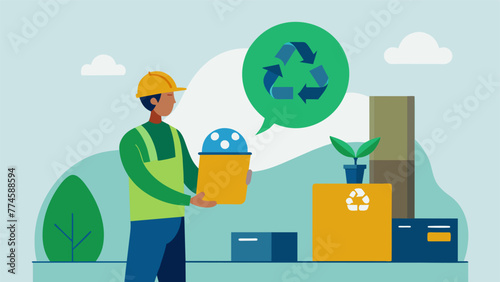 A closeup of a worker inspecting a batch of recycled materials before they are sent for further processing while a nearby sign proudly displays