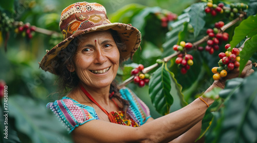 A picture of a happy Costa Rican coffee farmer her hands delicately selecting the best coffee cherries