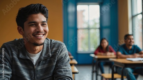 Happy latino hispanic male college student sitting classroom smiling, student study in class. Diversity unity concept