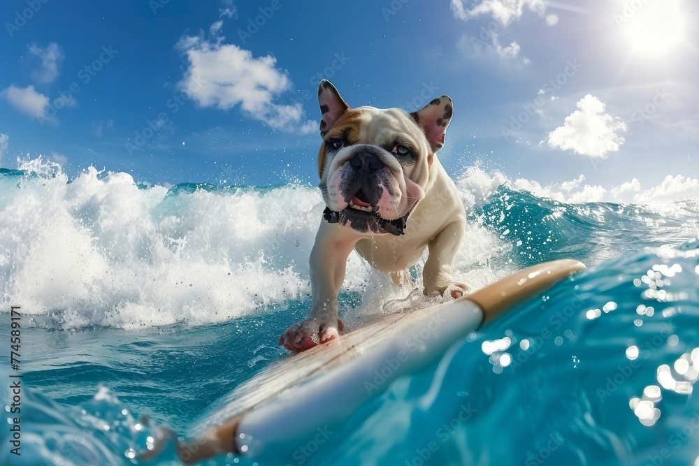 a bulldog riding a surfboard in the ocean