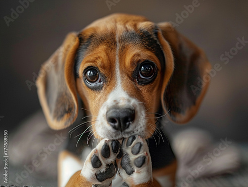 A repentant beagle puppy with "Sorry" displayed paws raised to its face