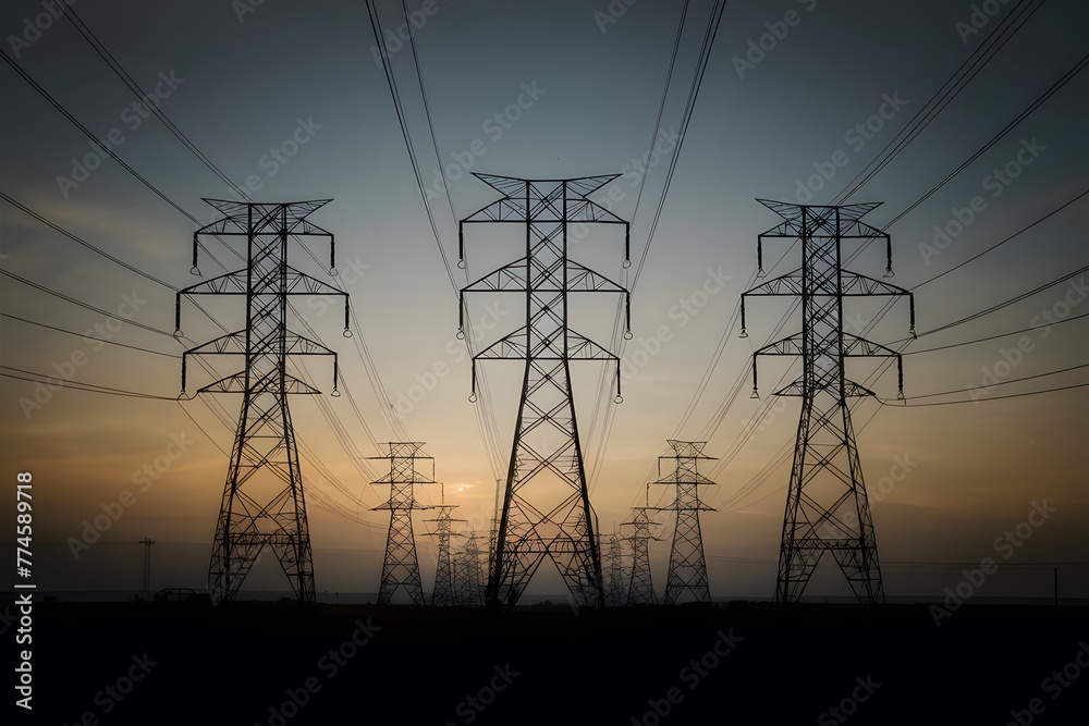Fototapeta premium Shadows of energy transmission towers, high voltage tower silhouette photo