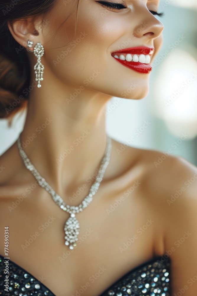 Close-up of a Glamorous Red Carpet Diva in a Sequin Gown and Statement Jewelry, exuding star-studded allure with a dazzling smile photo on white isolated background