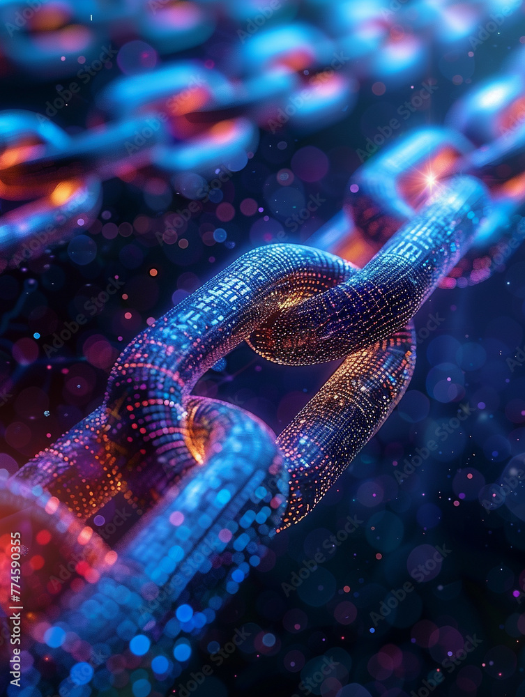 Fototapeta premium Blockchain Regulatory Compliance, digital ledger technology, ensuring data security and legal adherence, in a futuristic setting, realistic image, Spotlight, Chromatic Aberration