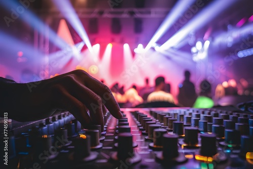 shot Electric mixer sliding knob illuminates nightclub stage, vibrant nightlife