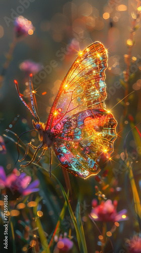 Butterfly, colorful wings, delicate and graceful, dancing in a meadow, realistic image, sunlight, double exposure © Supapich