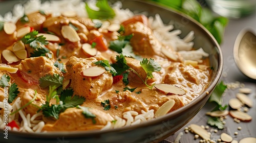 Chicken tikka masala with rice, sesame seeds and almonds