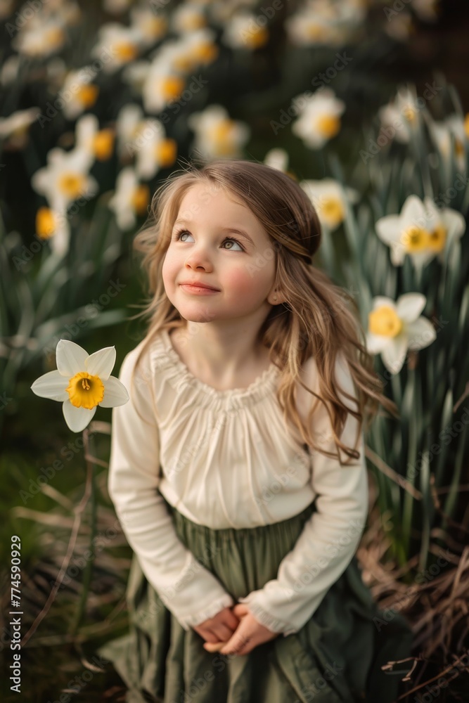 Girl amid daffodils looking skyward. Young girl in green dress looking up surrounded by daffodils in the spring Girl amid daffodils looking skyward. Young girl in green dress looking up surrounded by daffodils in the spring