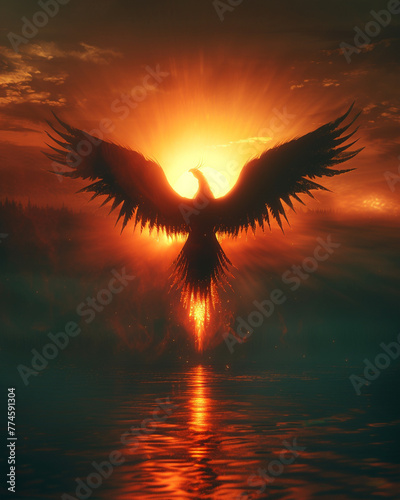 Phoenix, fiery feathers, symbol of rebirth, majestically perched atop a skyscraper, overlooking a cityscape at sunset, illustration, golden hour, lens flare © Supapich