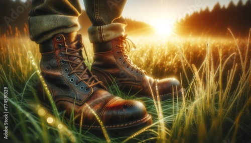 A close-up of a pair of worn leather boots on a dewy grass field, with the sunrise creating a golden backdrop. photo