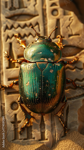 Sacred Scarab Beetle, shimmering shell, revered symbol of protection and rebirth in ancient Egypt, set against a backdrop of hieroglyphics and desert sands Photography, Golden hour, Depth of field bok photo