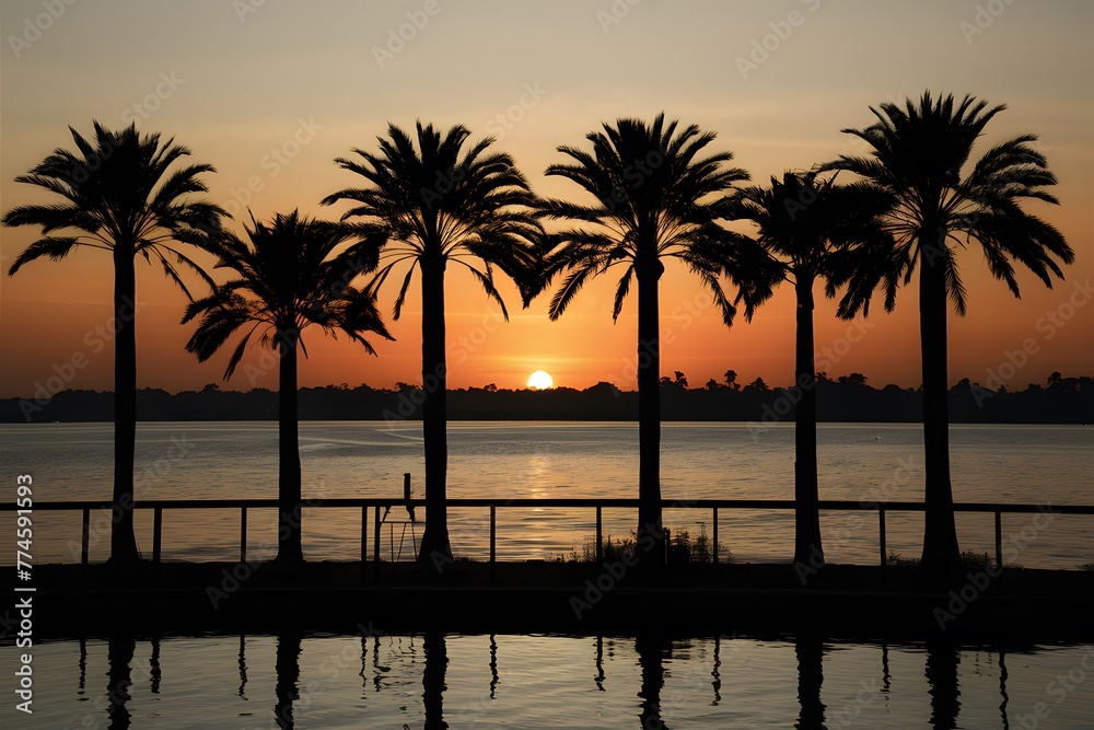 Silhouetted palm trees create a serene vista against the lakeside