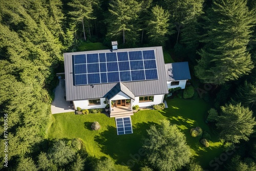 Casa sustentável, em meio à floresta com placas de captação de energia solar. Gerado com IA photo