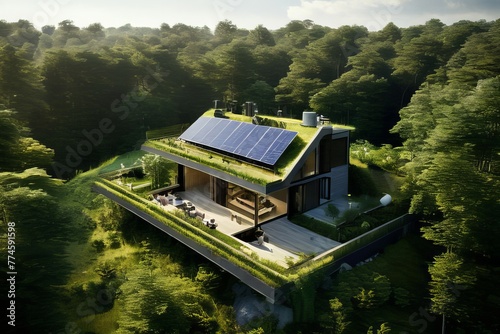 Casa sustentável, em meio à floresta com placas de captação de energia solar. Gerado com IA photo