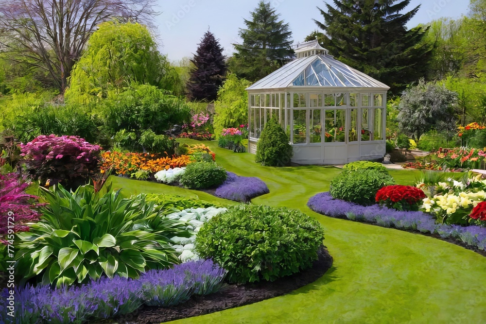 Naklejka premium Jardim florido, gramado, árvores e uma estufa para flores