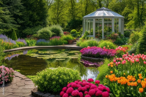 jardim florido com pequeno lago e estufa de flores. Gerado com IA © MarioSergio
