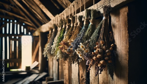An array of various dried herbs and flowers hanging from a barn's wooden beams, tied with twine.