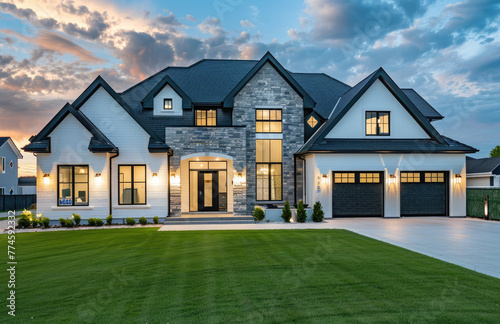 front view of modern simple home in shire grey and white with dark gray accents, front yard has grass and potted plants, with a large black garage door on the right side of house