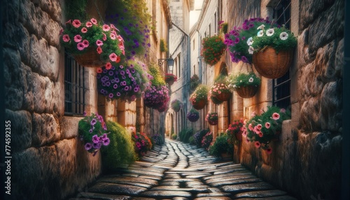 A picturesque close-up image of a narrow cobblestone alleyway adorned with hanging baskets overflowing with multicolored petunias.