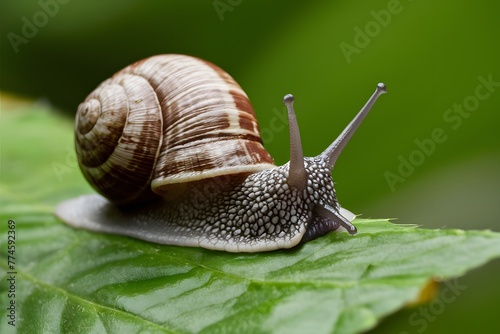 Snail crawls along leaf, showcasing intricate details in macro view
