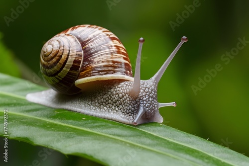 Snail crawls along leaf, showcasing intricate details in macro view