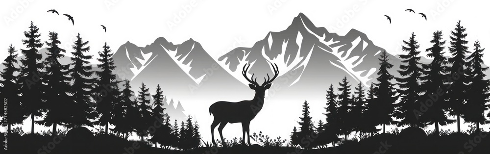 Wilderness Adventure: Deer Silhouette Camping in Mountain Forest - Vector Illustration Panorama Logo Wilderness Adventure: Deer Silhouette Camping in Mountain Forest - Vector Illustration Panorama Logo