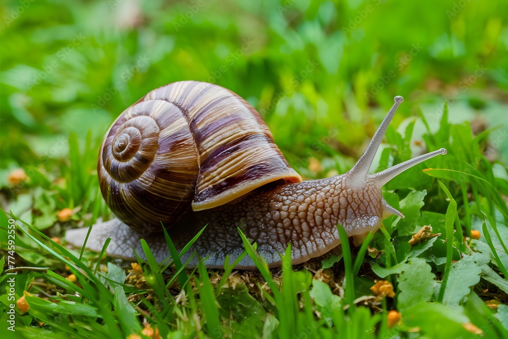 Snail explores city park, blending into natural surroundings Snail explores city park, blending into natural surroundings
