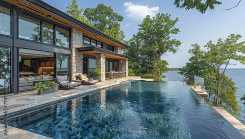 A modern lakehouse with large windows, stone accents and an infinity pool. It is surrounded by trees on the shore of Lake Doricons in North Carolina. Created with Ai