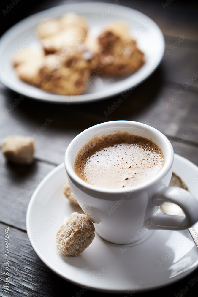 Cup of coffee on rustic wooden background. Copy space. Cup of coffee on rustic wooden background. Copy space.