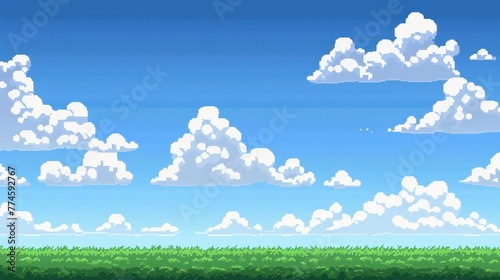 Pixel art game background featuring a blue sky with clouds, a green field below, and space in the middle of the screen for characters and text
