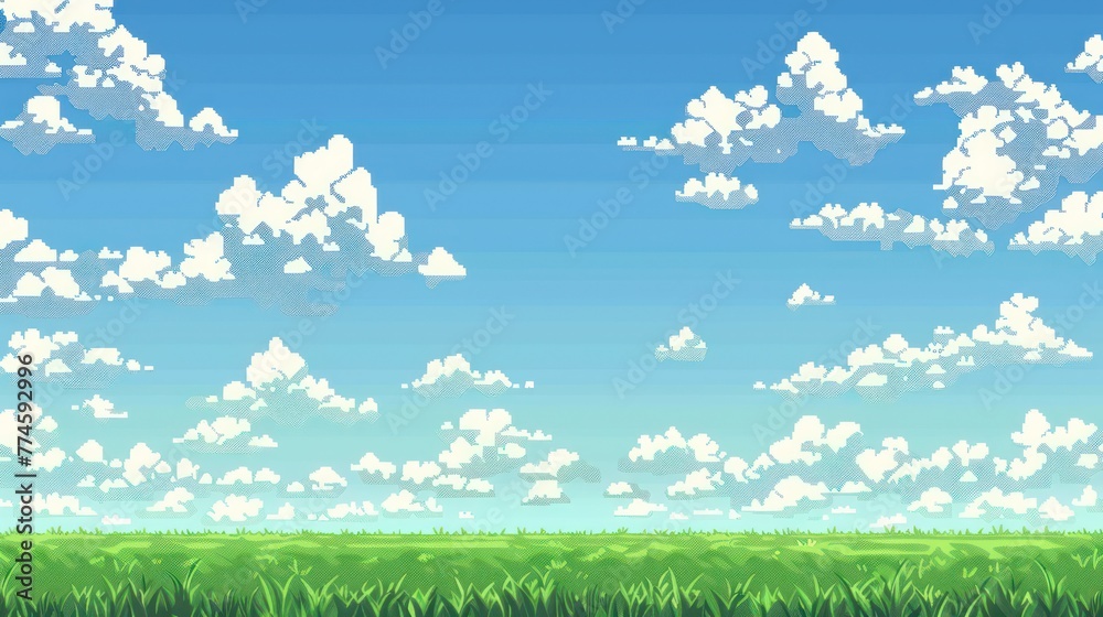 The pixel art game background depicts a blue sky with clouds, a green ...