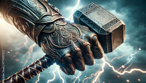 A detailed image of Thor's gauntleted hand gripping Mjölnir, with veins of electricity coursing through the intricate designs etched into the gauntlet. photo