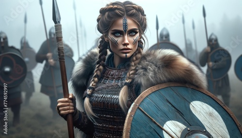 A female Viking shield-maiden, her hair braided intricately, wielding a spear with an aura of fierce determination. photo