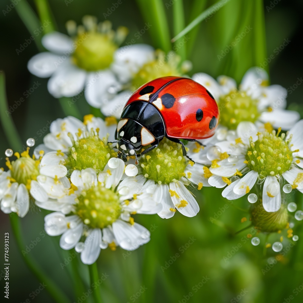 illustration of red ladybug on camomile flower ladybird, Generative ai