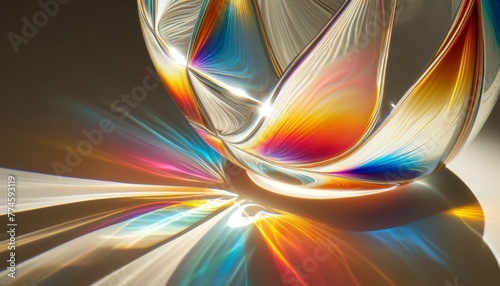 Close-up of light passing through a translucent, colored glass object, creating a kaleidoscope effect on a white surface.