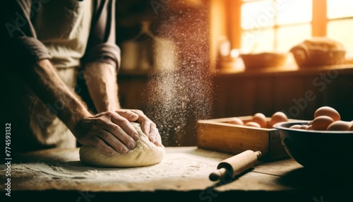 A close-up of hands kneading dough on a wooden surface, with flour dusting the air and a warm, homely kitchen backdrop. photo