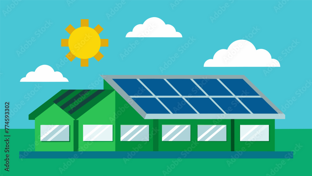 Vibrant green solar panels on the roof of the factory glisten in the sun powering the machinery below and significantly reducing the factorys
