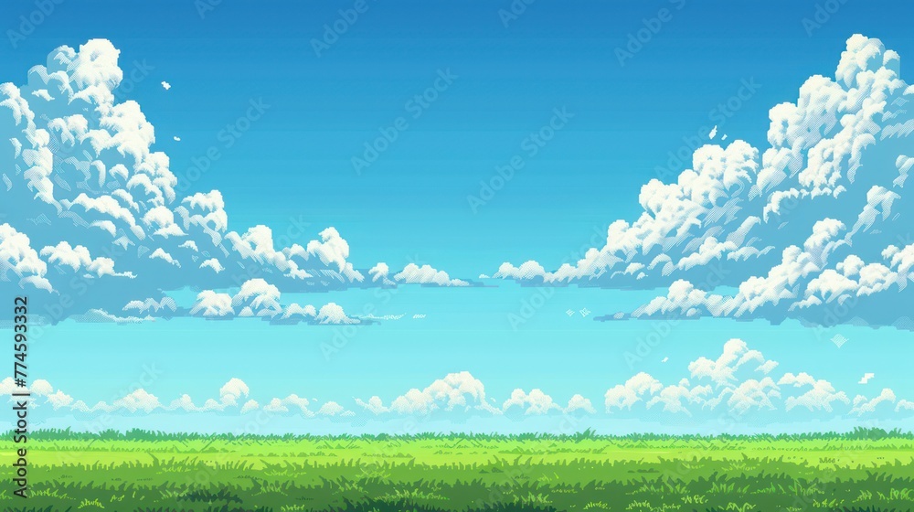 a blue sky with clouds and a green field below, this pixel art game ...