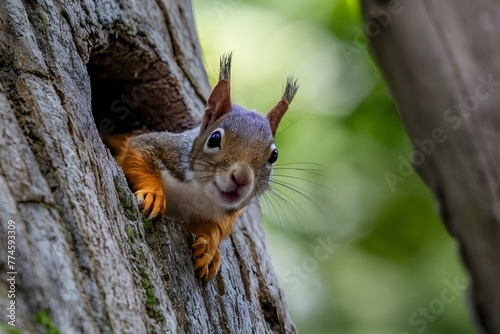 Squirrel peeks from tree hole, curious woodland creature photo