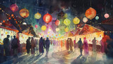 Watercolor Christmas market scene with people walking through colorful stalls under glowing lanterns, night sky