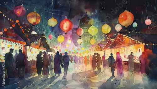 Watercolor Christmas market scene with people walking through colorful stalls under glowing lanterns, night sky photo