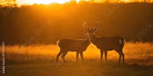 Silhouette of deer on top of a mountain with sunset, Deer stag silhouette at UK sunrise during rutting season Generative AI